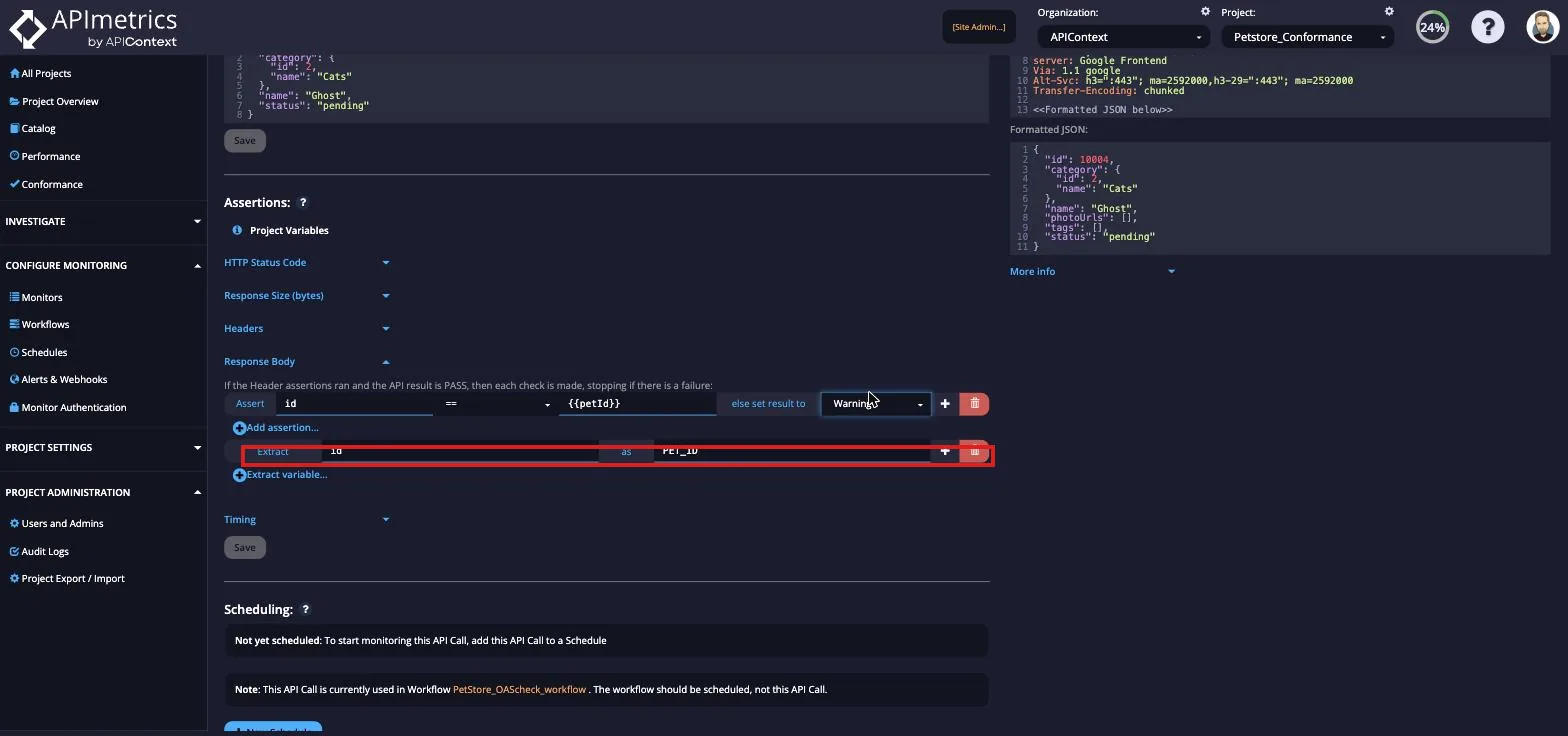 Response Body assertions panel with an Extract variable row pulling a value from the formatted JSON response
