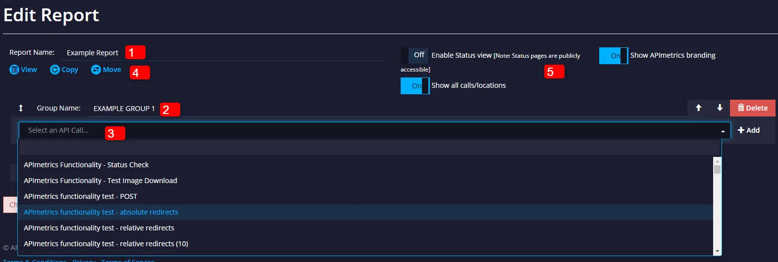Edit Report screen with numbered controls for report name, group name, the API Call picker, report actions, and public sharing