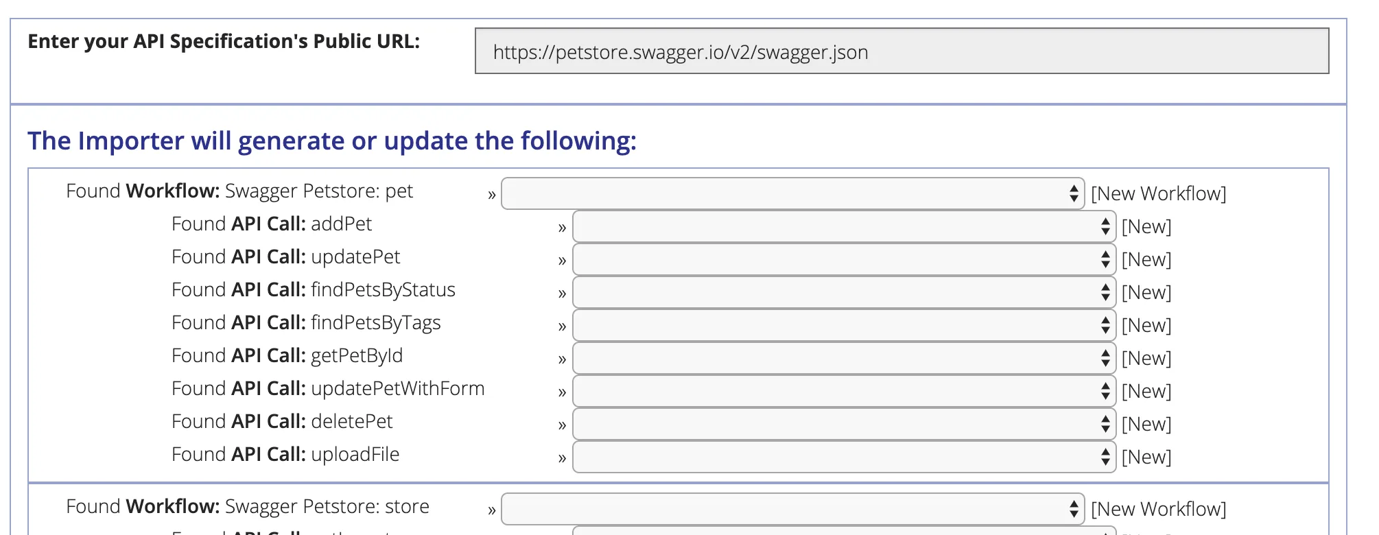 Importer preview listing Swagger Petstore workflows and pet API calls, each with a dropdown to create new or overwrite