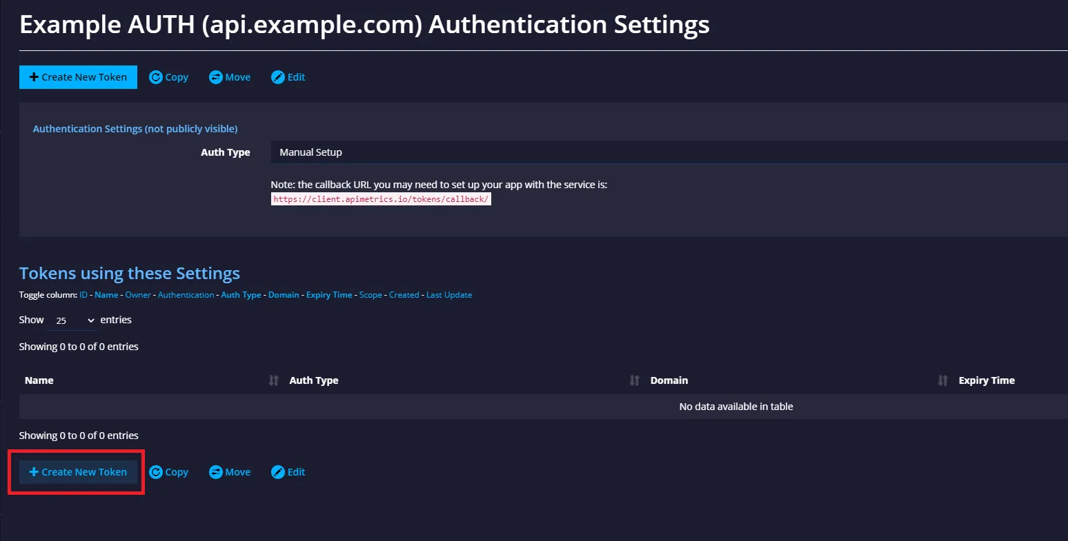 Auth setting detail page with an empty tokens table and a Create New Token button to add a token