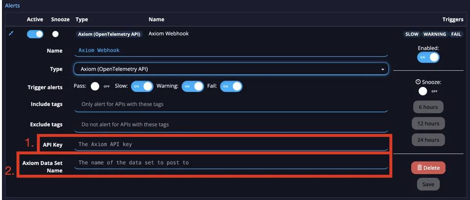 APImetrics Axiom alert editor highlighting the API Key and Axiom Data Set Name fields to complete