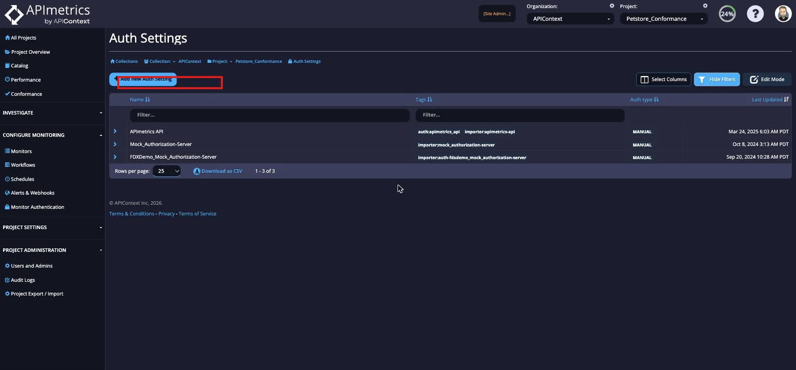 Auth Settings list with the Add New Auth Setting button highlighted to start creating an authentication