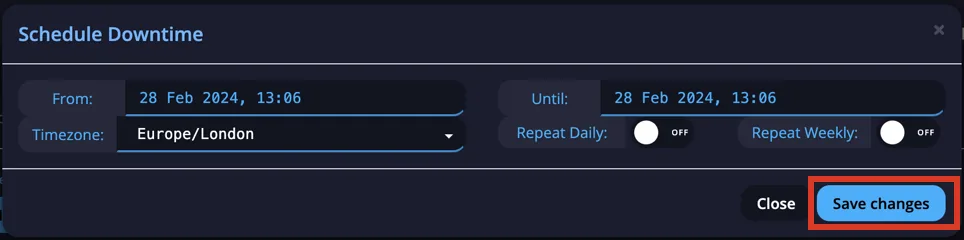 Schedule Downtime popup with the Save changes button highlighted to confirm the downtime window
