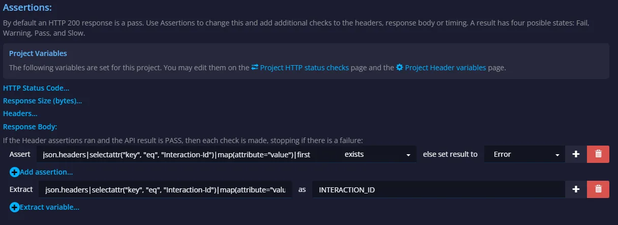 Assertions Response Body section showing both the Assert exists check and the Extract to INTERACTION_ID rows