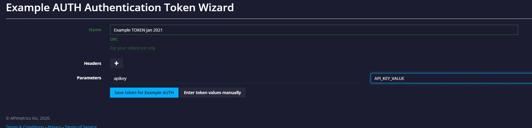 Token wizard configuring a manual API key as a parameter named apikey with its value, ready to save