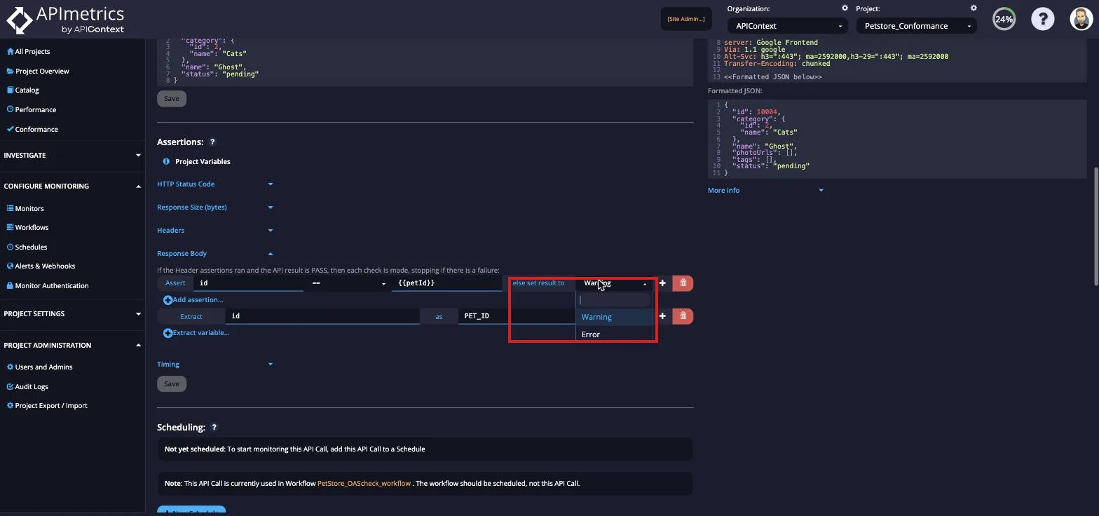 Response Body assertion in the Conditions tab with the result-event dropdown set to Warning or Error