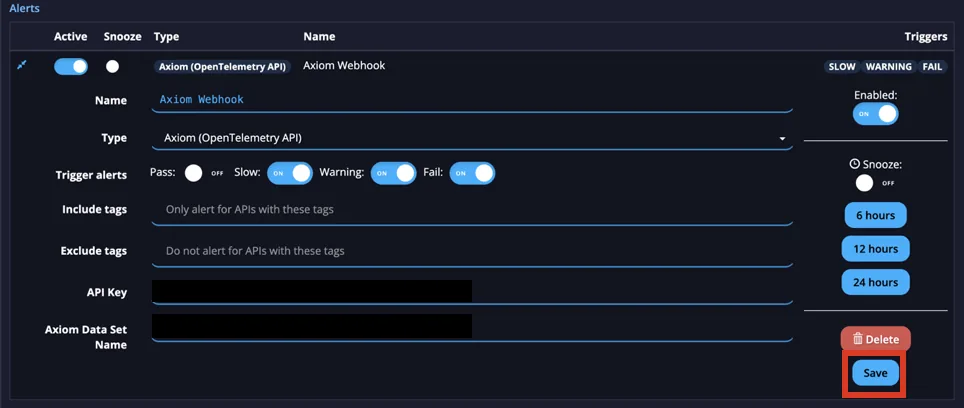 APImetrics Axiom alert editor with API Key and Data Set Name filled in and the Save button highlighted