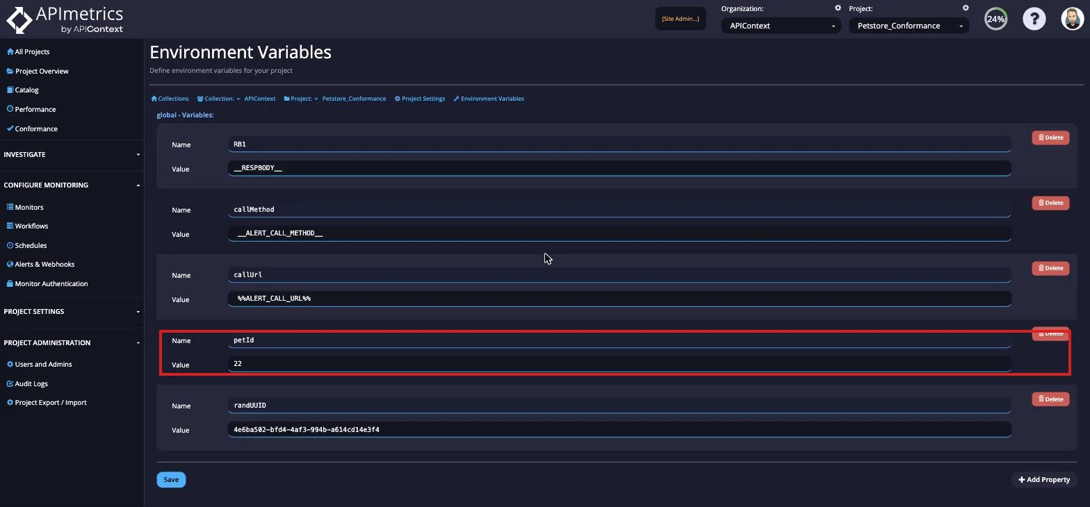 Environment Variables page defining project variables by Name and Value, such as callUrl and petId