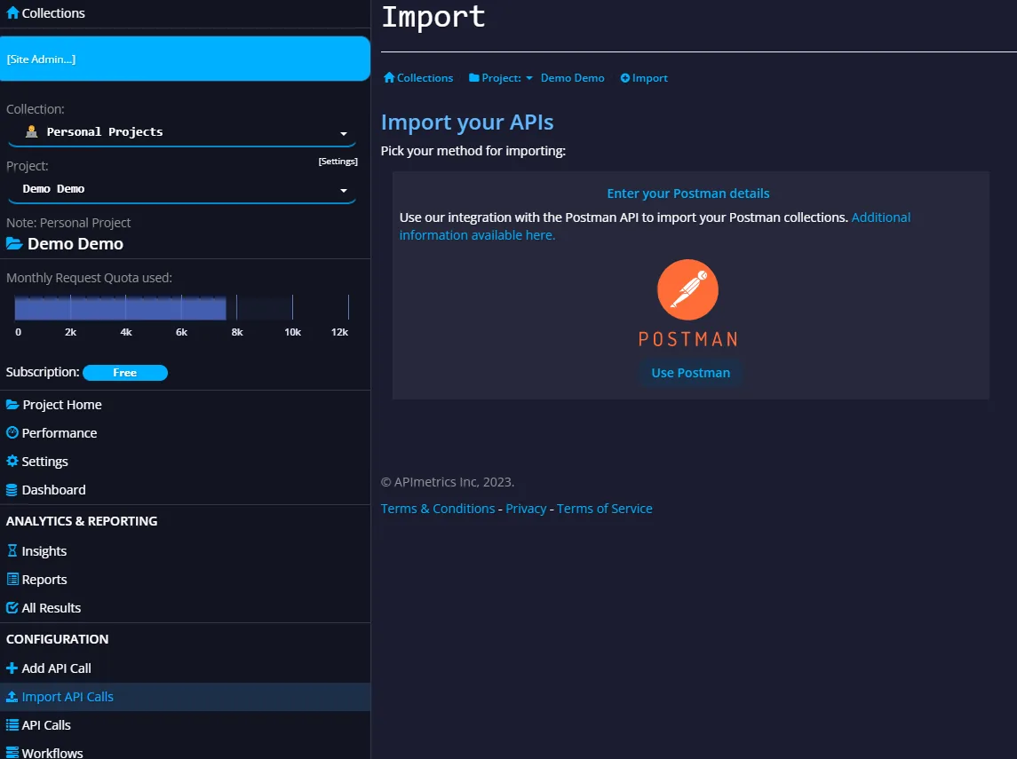 APImetrics Import your APIs page with the Use Postman option for entering Postman details