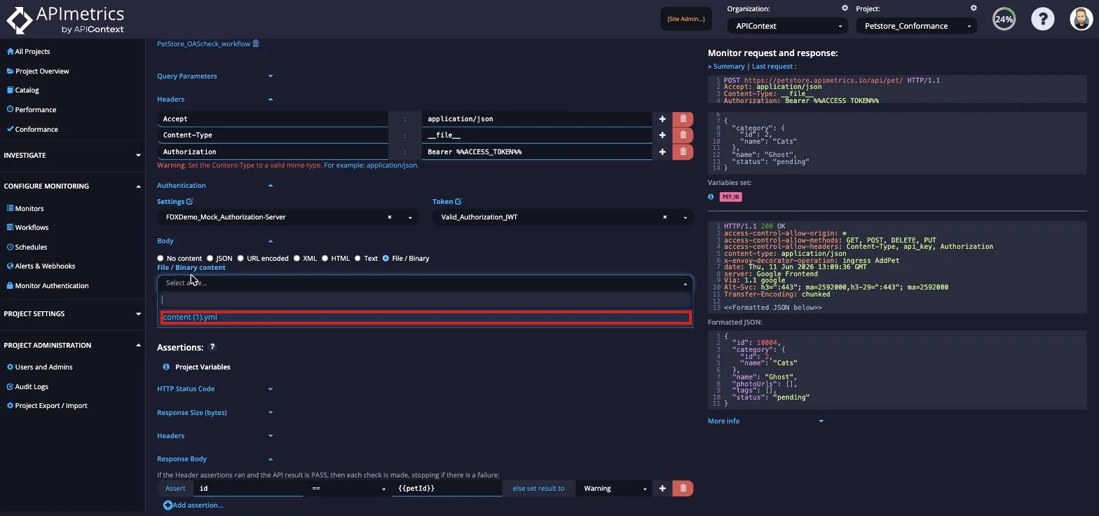 Monitor editor with a file selected for the File / Binary body, ready to Save the changes