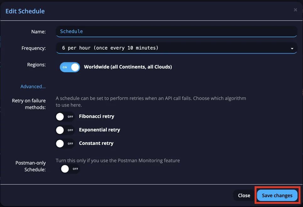 Edit Schedule dialog with name, frequency, worldwide regions, retry methods, and Save changes button
