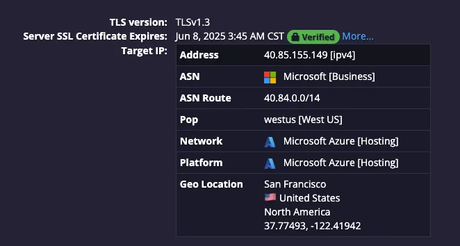 API call result showing additional DNS metadata such as CNAMEs and nameservers under Target IP details