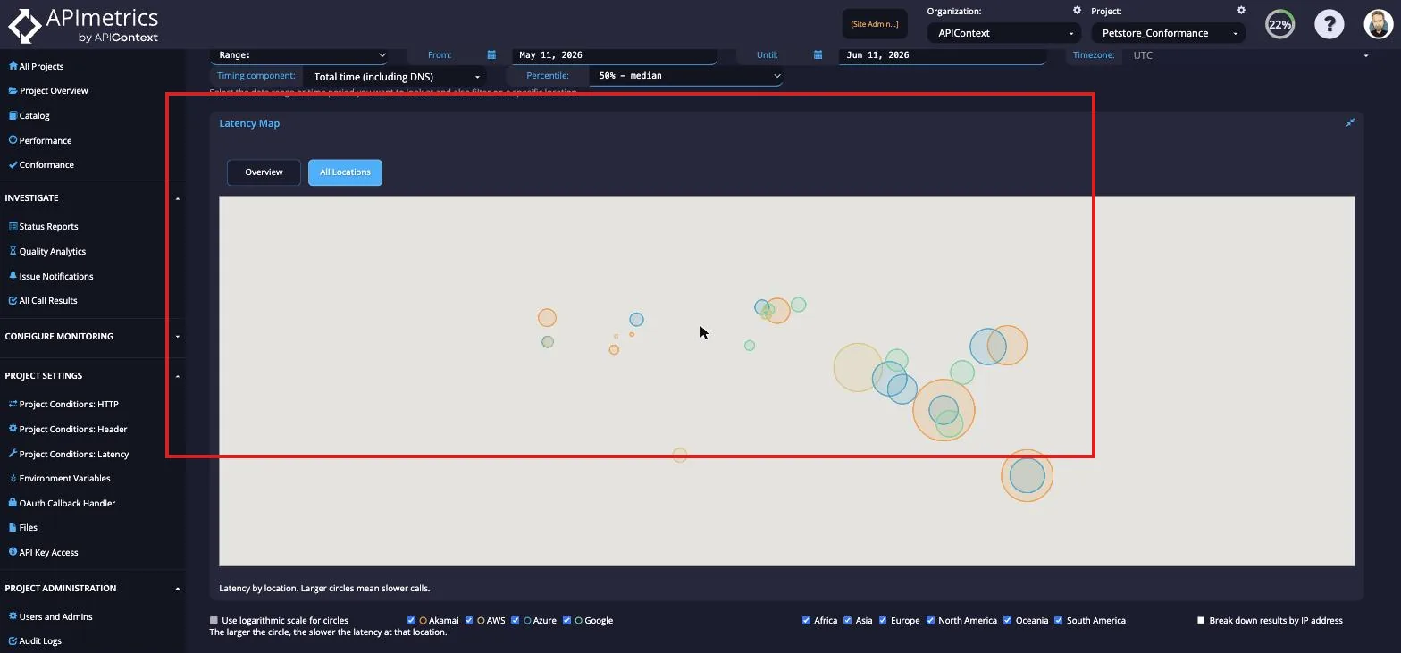 Latency Map with color-coded circles sized by latency across data center locations, with metric and percentile controls