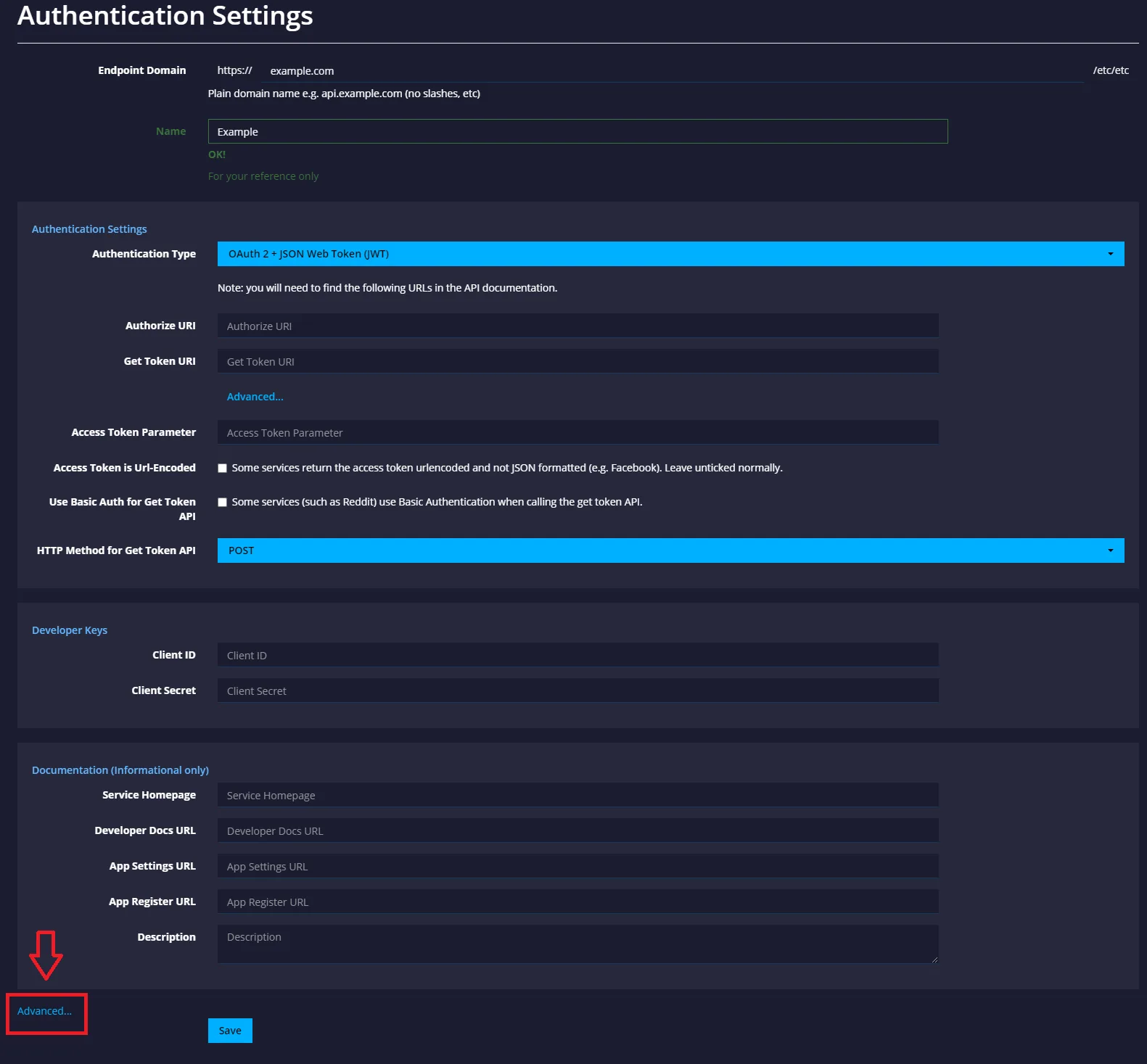MTLS Step 1.png Authentication Settings page with Authentication Type set to OAuth 2 plus JSON Web Token