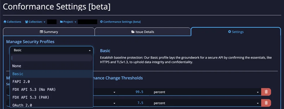 Conformance Settings with the Manage Security Profiles dropdown open listing Basic, FAPI, FDX, and OAuth profiles