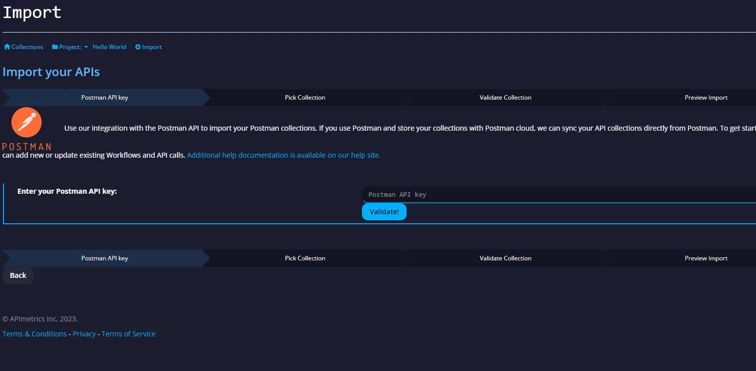 Postman API key import step with a field to enter the key and a Validate button