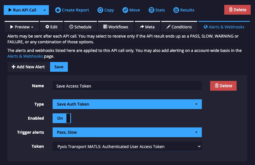 Alerts and Webhooks tab with a Save Auth Token webhook configured to store extracted variables into the selected access token