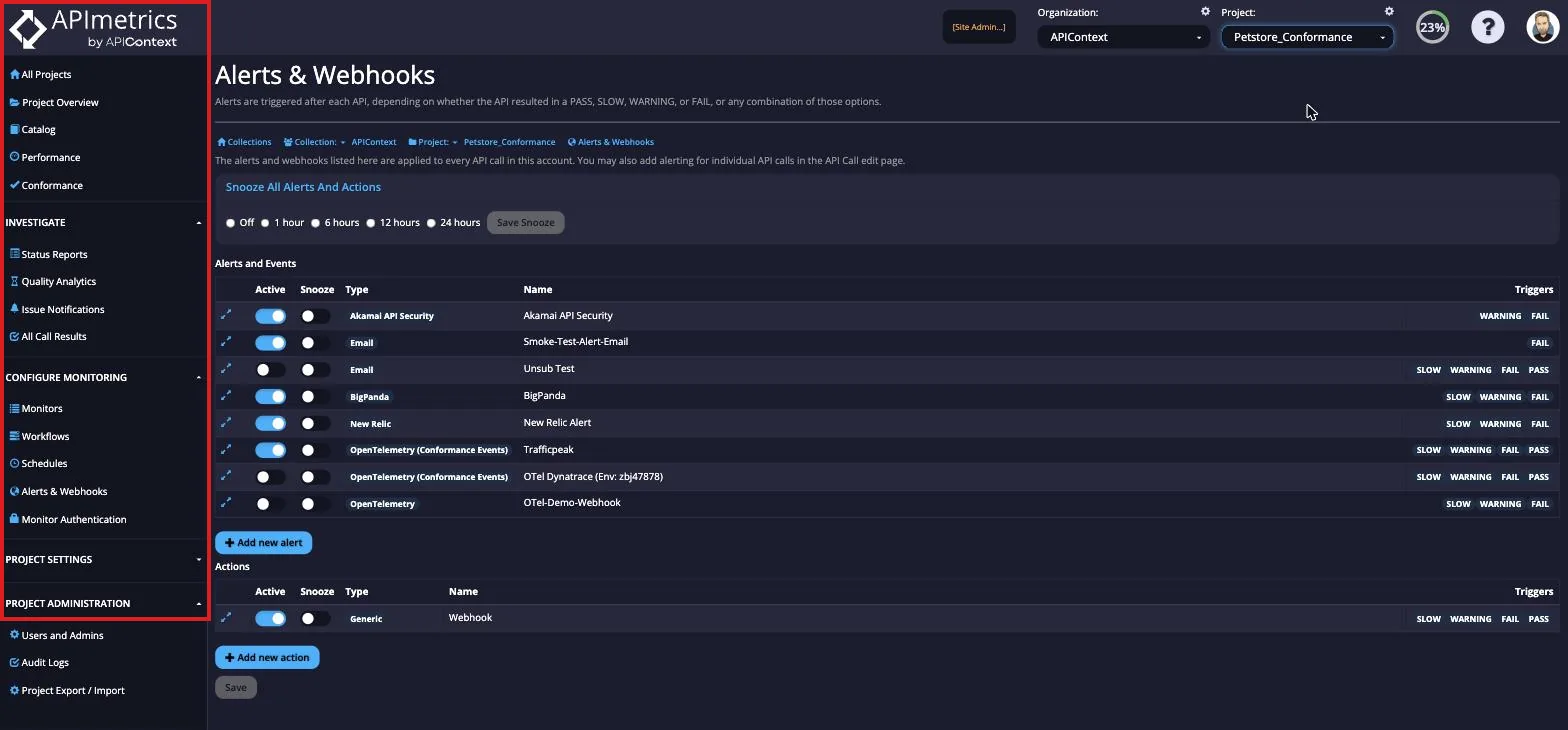 APImetrics portal with the left side navigation menu highlighted, showing Investigate, Configure Monitoring, and Project Settings sections