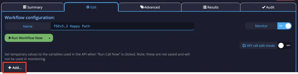Runtime variables panel with the Add button highlighted to create a new variable entry
