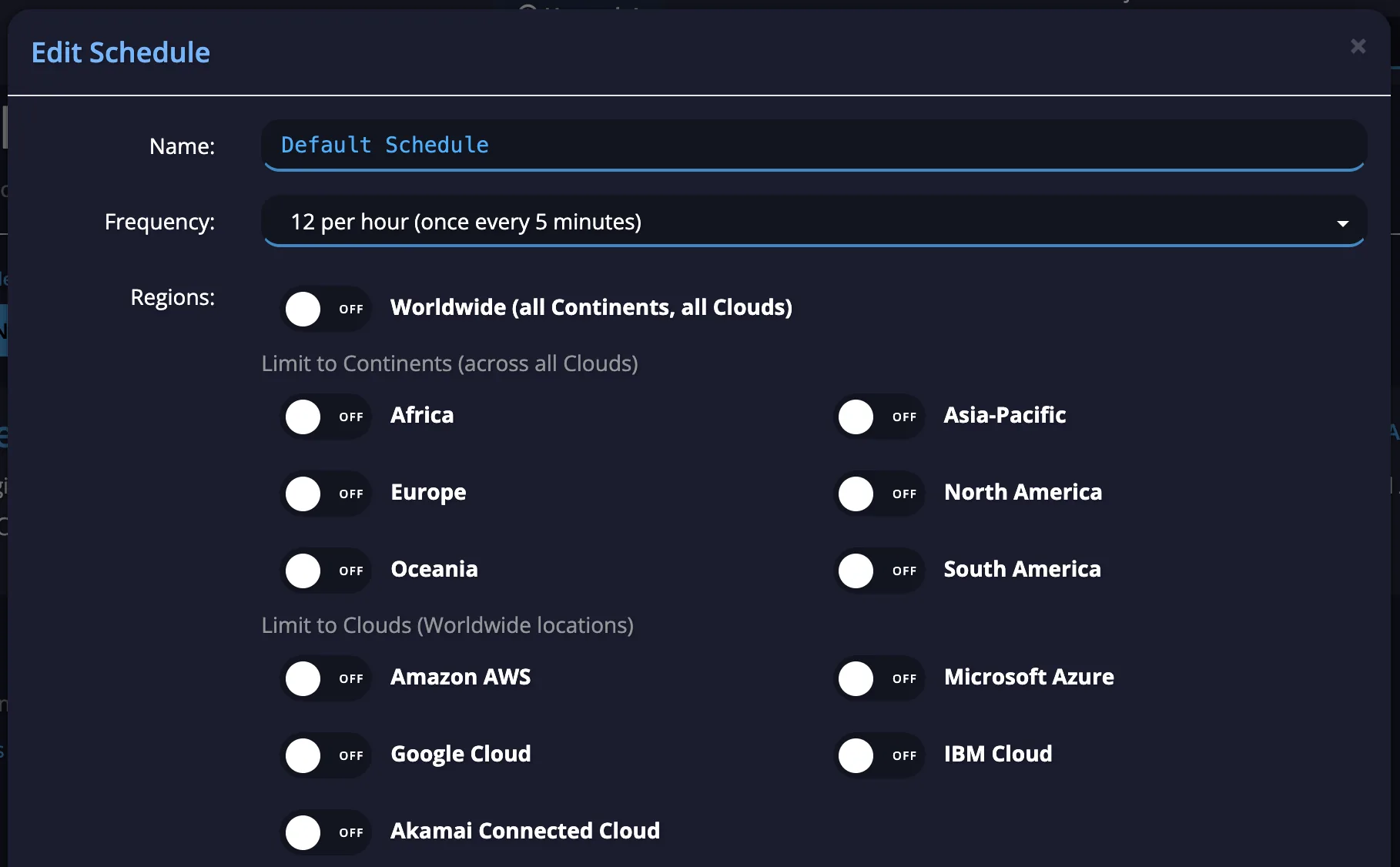 Edit Schedule dialog with region toggles for continents and clouds including Akamai Connected Cloud