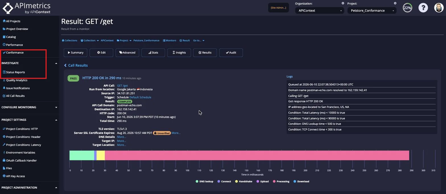 Expanded call result with the Investigate section highlighted in the left sidebar