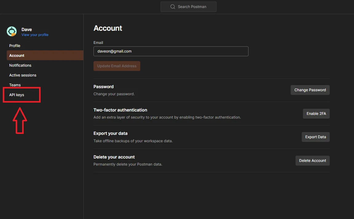 Postman Account settings page with an arrow highlighting the API keys item in the left sidebar