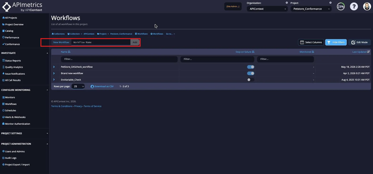 Workflows page with the New Workflow name field and Add button highlighted