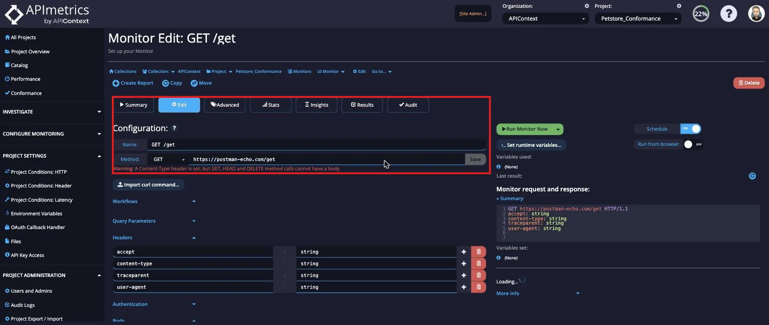 Monitor Edit form showing the Name field, Method selector (GET), URL field, and Save button
