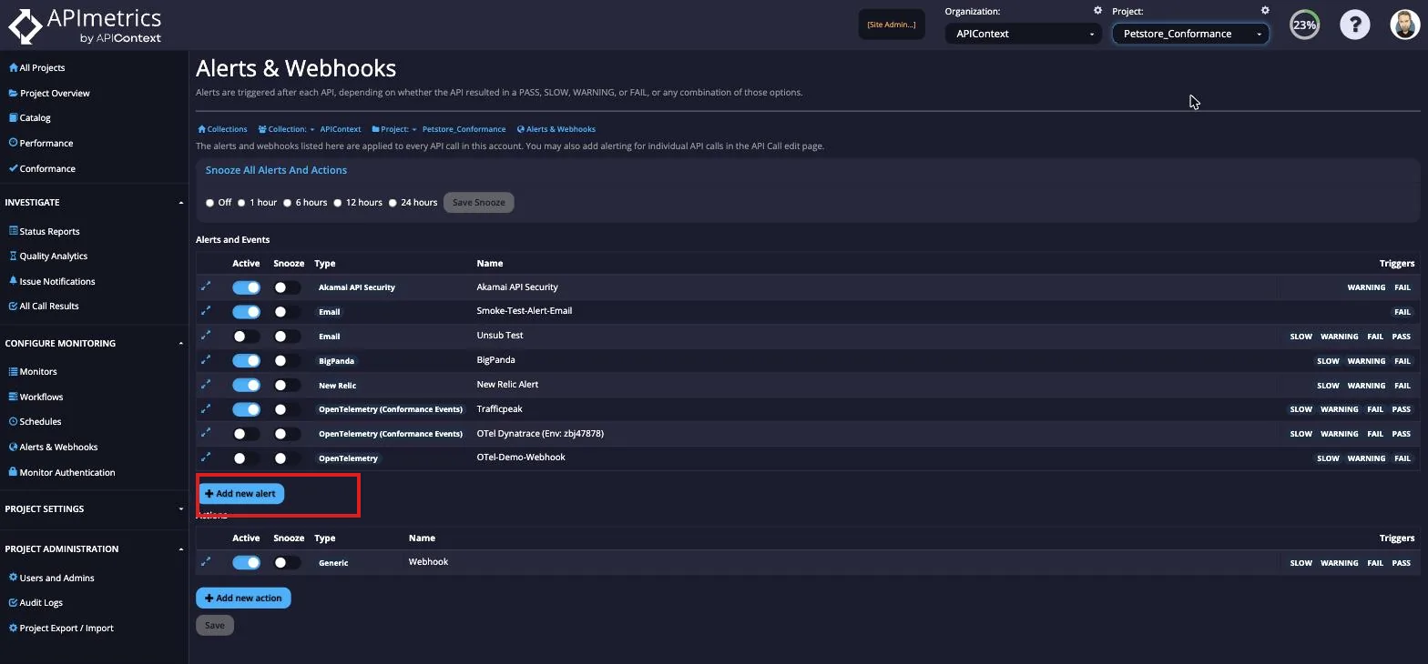 APImetrics Alerts and Webhooks screen with the Add new alert button highlighted