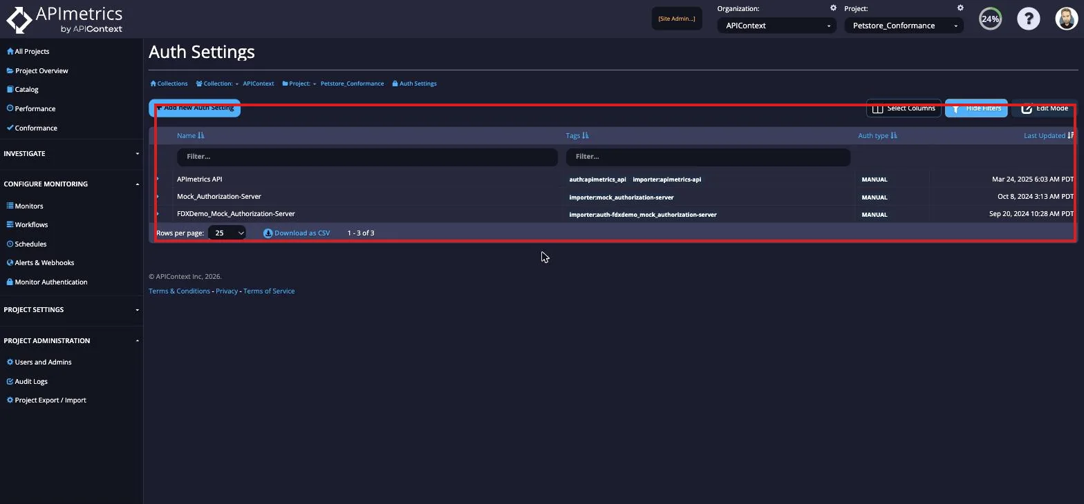 Auth Settings list showing configured authentications by name, tags, and auth type with a Create New Auth Setting button