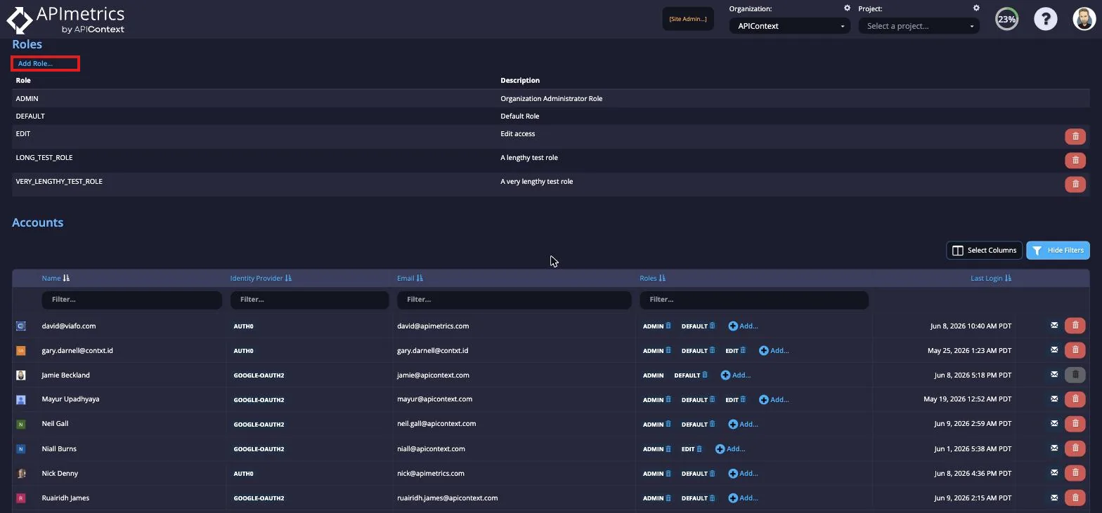 Roles section with the Add Role link highlighted above the list of existing roles