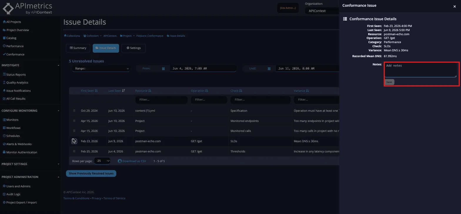 Conformance Issue Details panel with the Notes field and Save button highlighted for adding a note to an issue