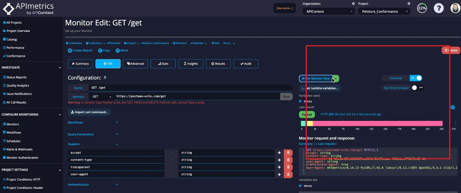 Monitor Edit view showing the Run Monitor Now button and an inline Passed HTTP 200 result
