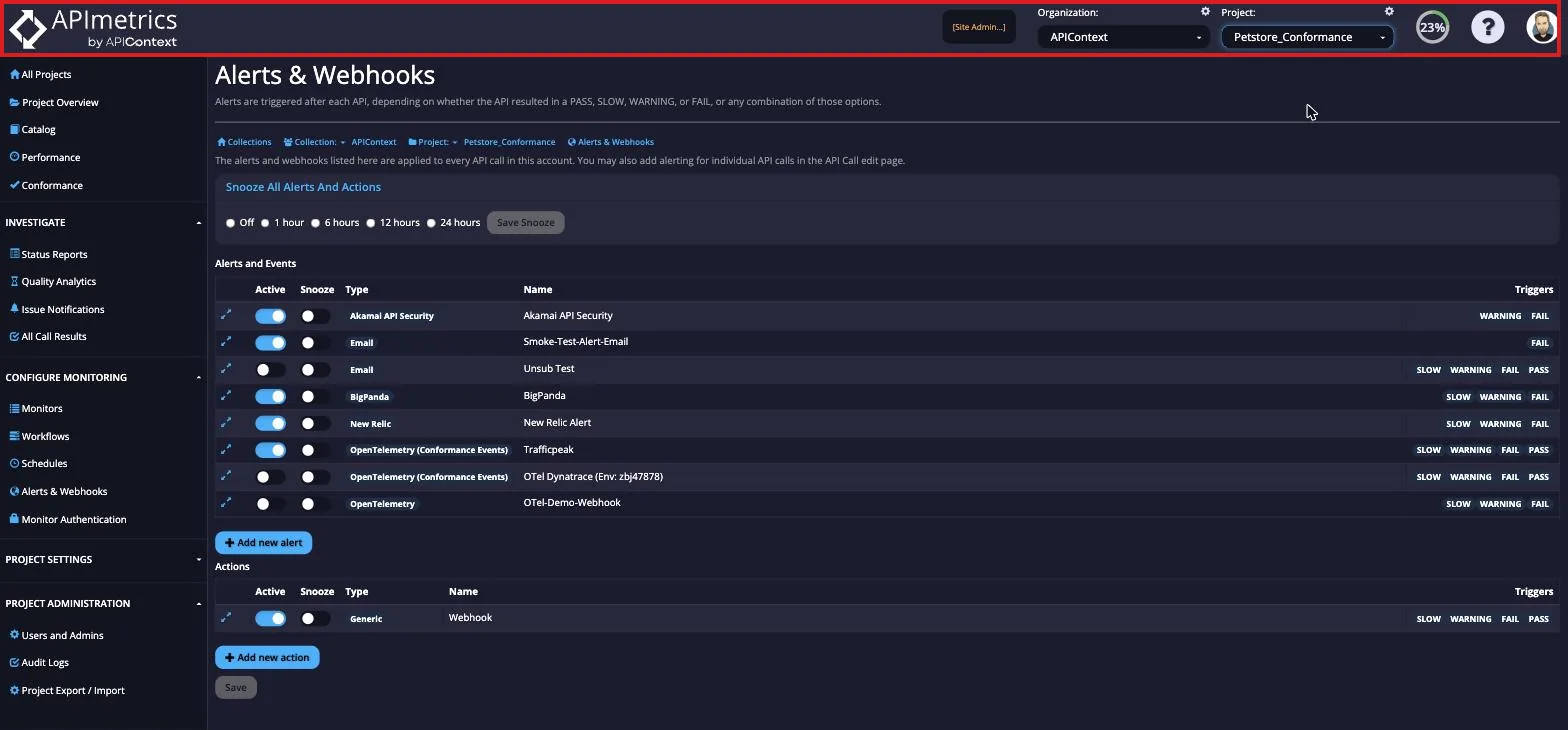 APImetrics portal with the top navigation bar highlighted, showing the organization and project selectors and account menu