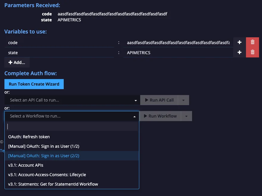 Callback handler page showing received code and state parameters and options to run the token wizard, an API call, or a workflow