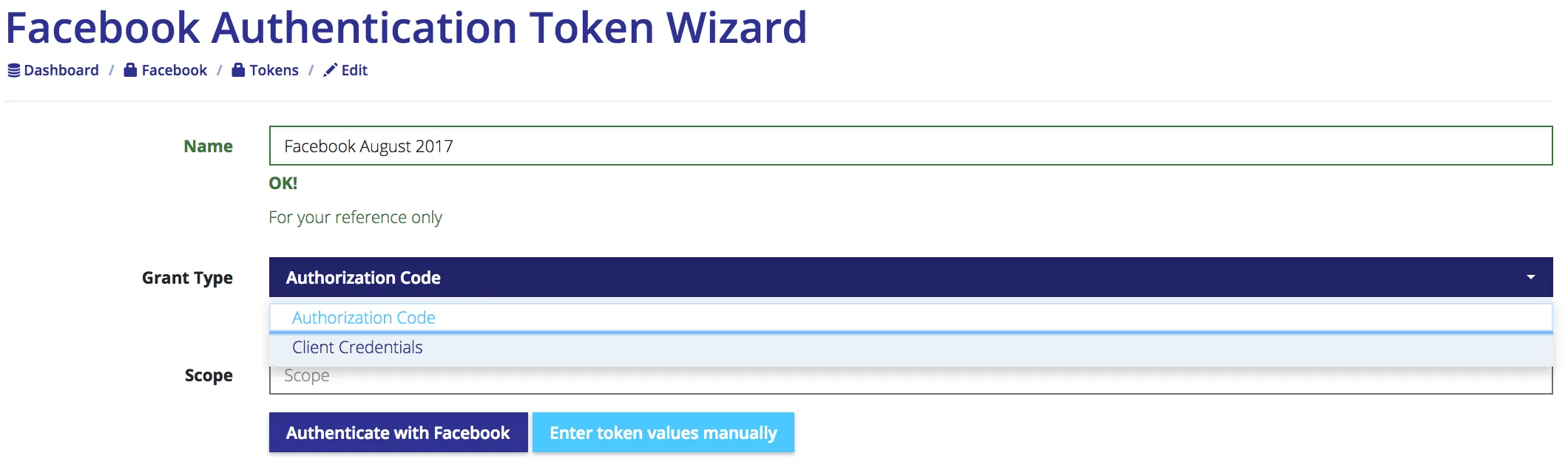 Facebook token wizard with the Grant Type dropdown open showing Authorization Code and Client Credentials options