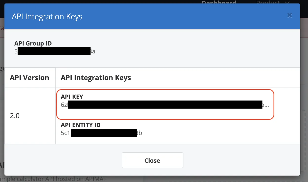 APIMATIC API Integration Keys dialog with the API KEY field highlighted for copying