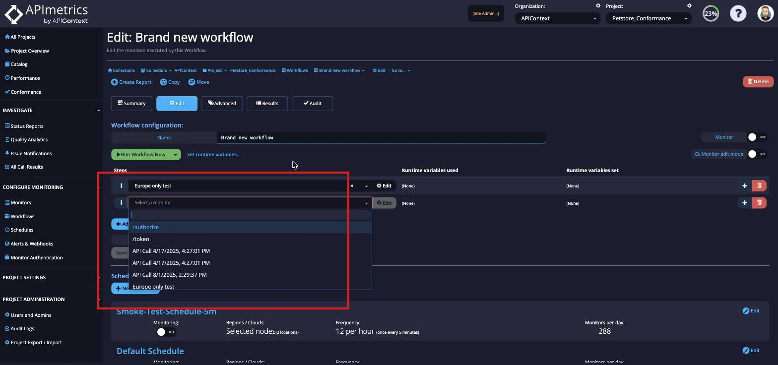 Edit Workflow step with the Select a monitor dropdown open listing existing monitors to add