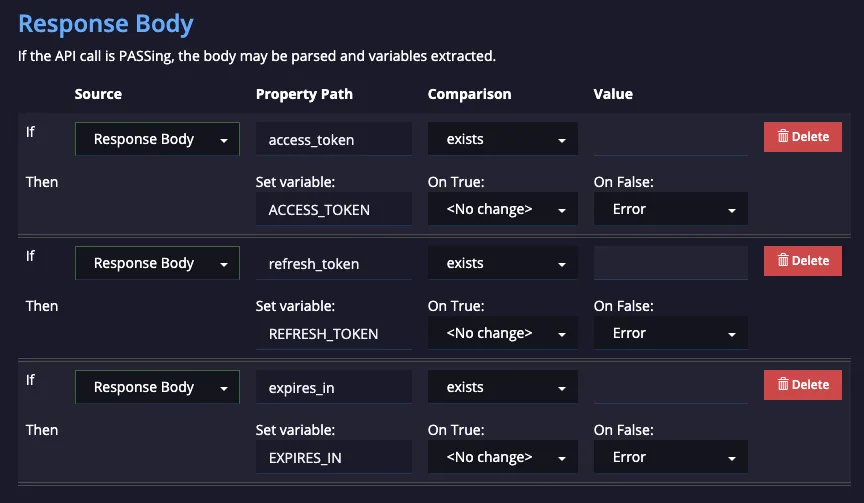 Conditions tab extracting access_token, refresh_token, and expires_in from the response body into variables for a standard OAuth setup