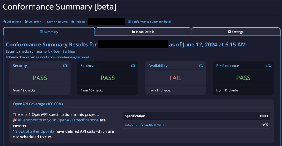 Conformance Summary showing 100 percent OpenAPI coverage matching API calls against an uploaded spec
