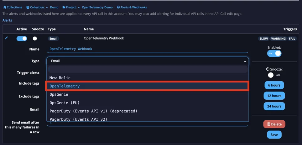 APImetrics alert editor with the Type dropdown open and OpenTelemetry highlighted