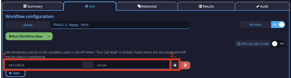 Runtime variables panel with variable and value fields and the plus button to add the variable