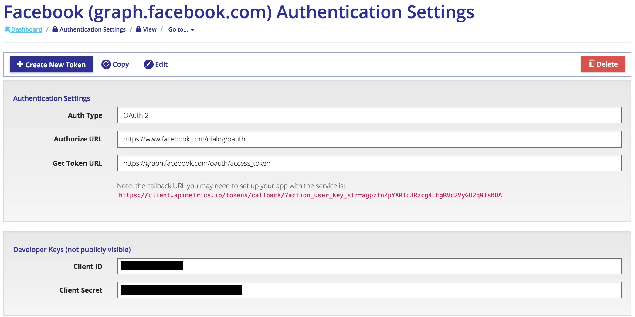 Facebook OAuth 2 auth settings showing the Authorize URL, Get Token URL, callback URL, and Client ID and Secret fields