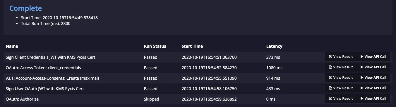 Workflow run results where prior steps passed and the apimetrics OAuth Authorize step is skipped