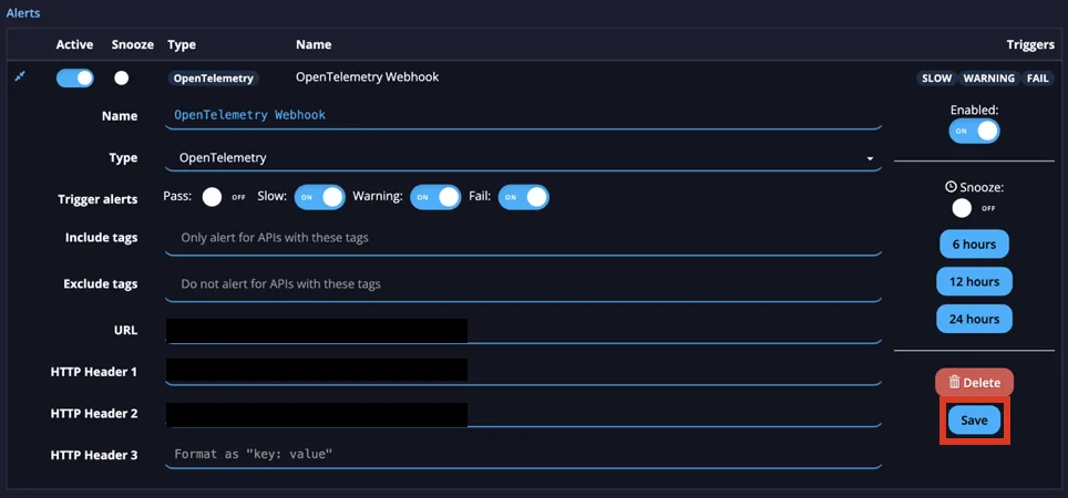 APImetrics OpenTelemetry alert editor with URL and headers filled in and the Save button highlighted