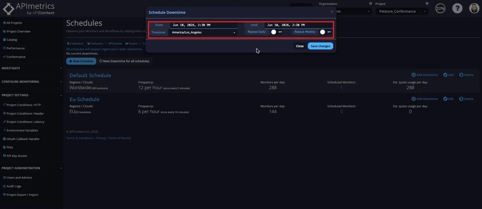 Schedule Downtime dialog with From and Until date-time fields, timezone selector, and Repeat Daily and Weekly toggles