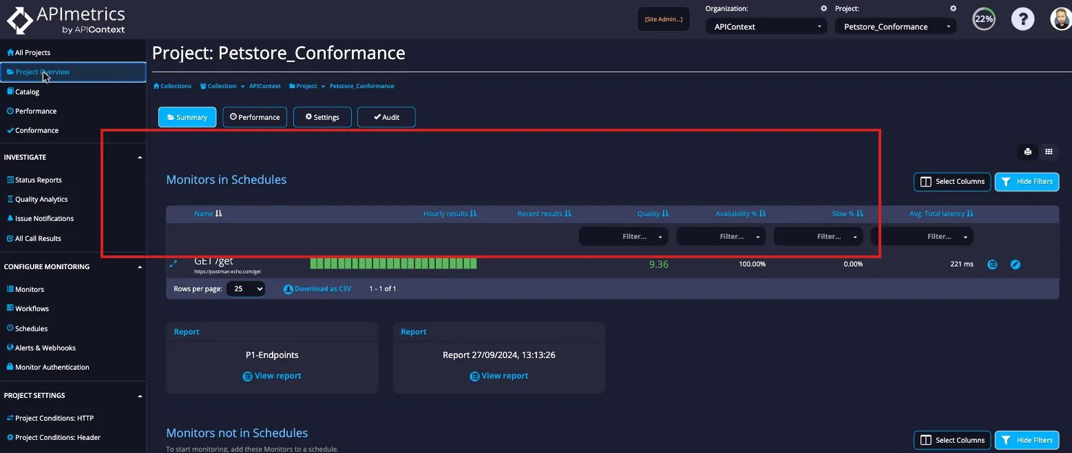 Project Overview showing the Monitors in Schedules table