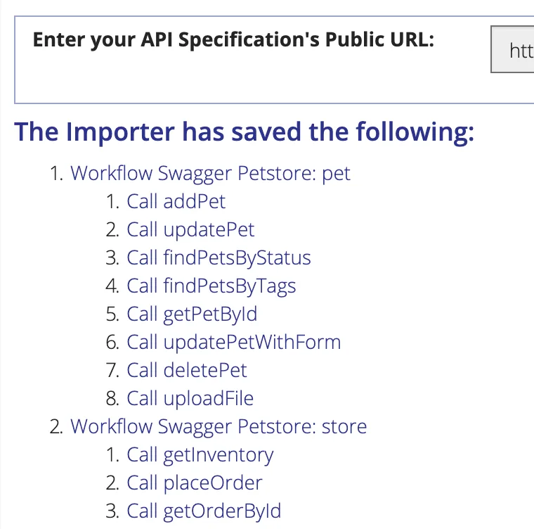 Importer completion summary listing the saved Swagger Petstore workflows and their generated API calls