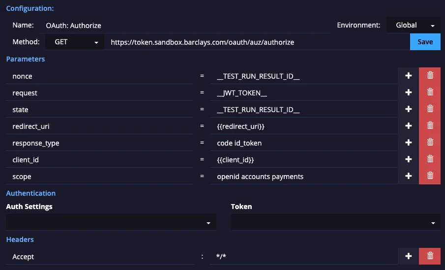 OAuth Authorize monitor config with GET method and parameters such as request, state, redirect_uri, and scope set like a standard call