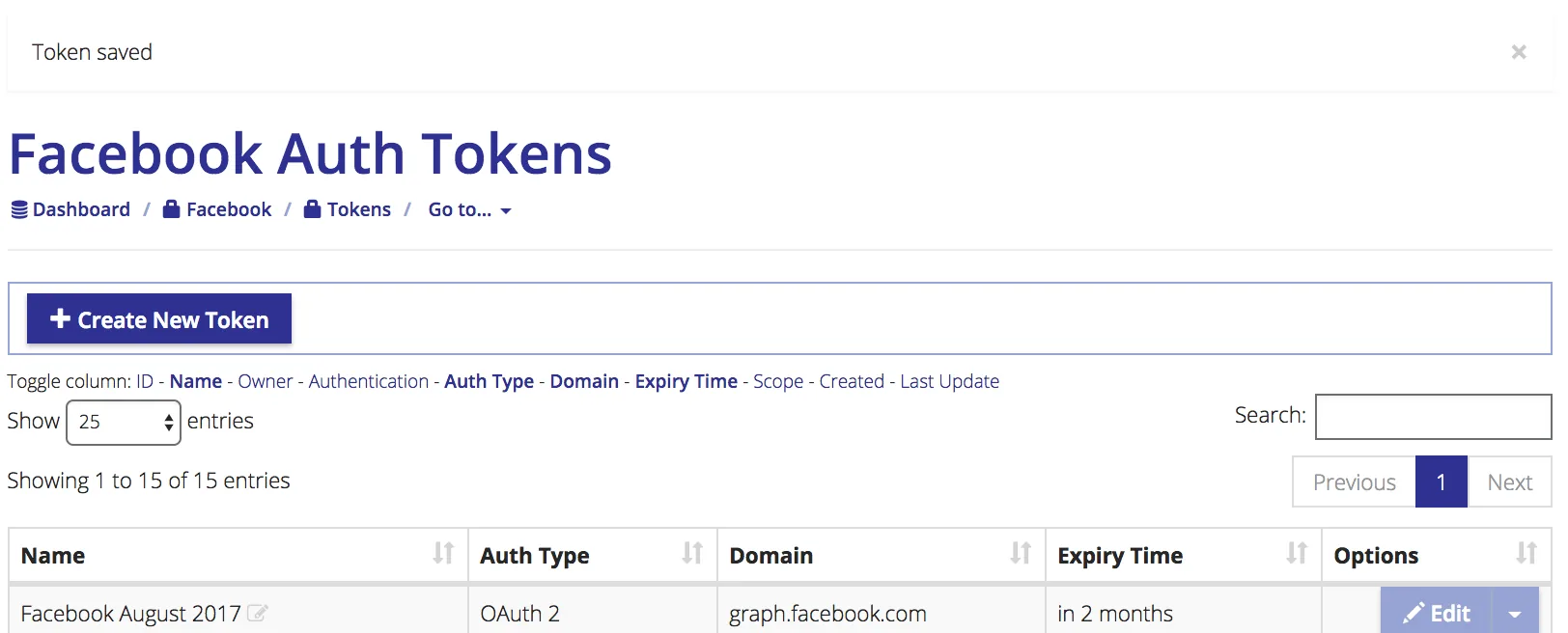 Facebook Auth Tokens list confirming Token saved, showing the new OAuth 2 token with its domain and expiry